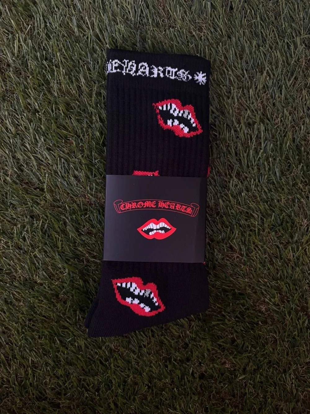 Chrome Hearts Black Crew Socks with Red Lip Motif